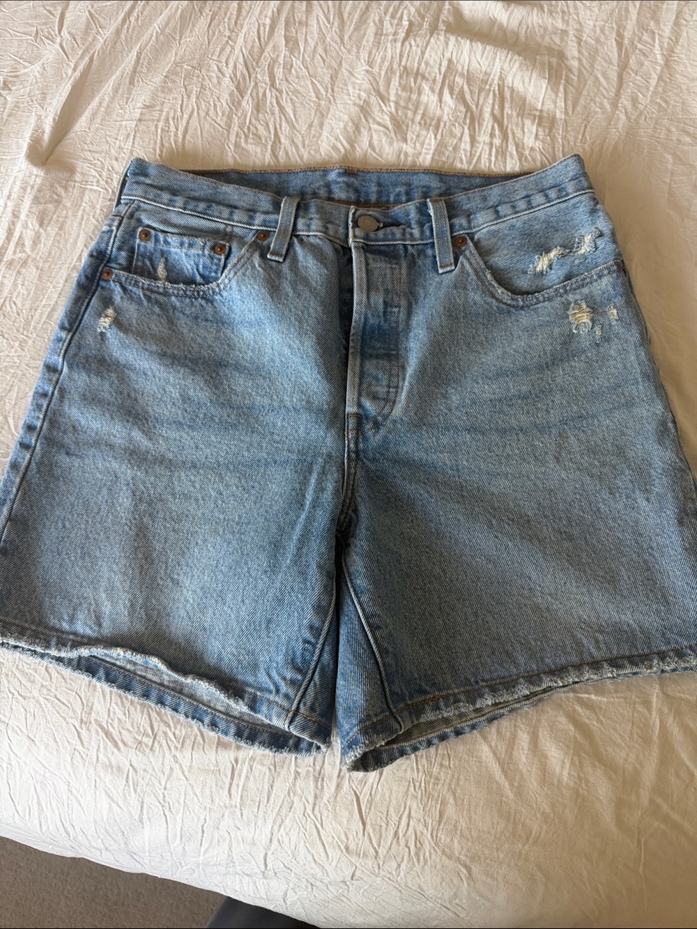 Levi's Light Blue Distressed High-Rise Denim Shorts